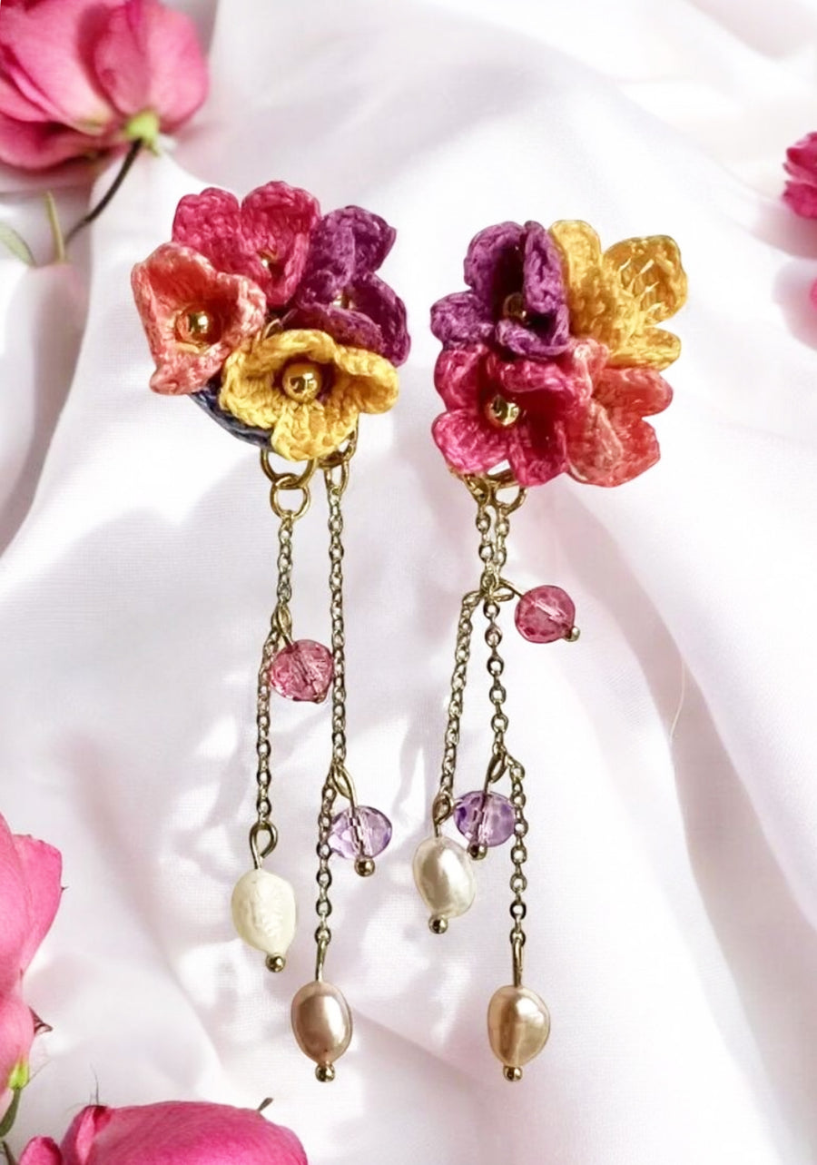 Pendants 4 fleurettes et perles